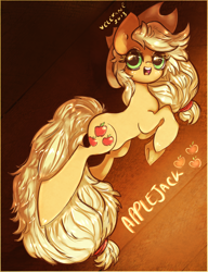 Size: 900x1172 | Tagged: safe, artist:velexane, applejack, earth pony, pony, female, jumping, mare, solo