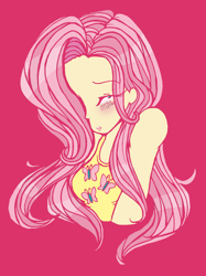 Size: 900x1206 | Tagged: safe, artist:cuddlesandhuggles, fluttershy, human, blushing, clothes, cute, female, humanized, light skin, pink background, shy, shyabetes, simple background, solo