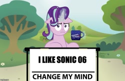 Size: 773x500 | Tagged: safe, artist:aleximusprime, starlight glimmer, pony, unicorn, marks for effort, :i, bush, change my mind, crossover, female, flower, glowing horn, horn, levitation, magic, mare, meme, mug, multicolored mane, obligatory pony, pink coat, sign, signature, sitting, solo, sonic 06, sonic drama, sonic the hedgehog (2006), sonic the hedgehog (series), steven crowder, table, telekinesis, text, tree