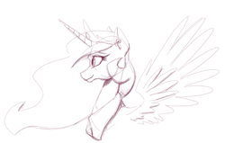 Size: 1100x700 | Tagged: safe, artist:goat train, princess celestia, alicorn, pony, monochrome, profile, sketch, solo, spread wings