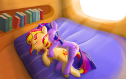 Size: 2495x1562 | Tagged: safe, artist:gaoooo, artist:xiaoqe, sunset shimmer, twilight sparkle, cuddling, cuddling in bed, female, hug, lesbian, shipping, sunsetsparkle