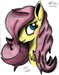 Size: 1671x2123 | Tagged: safe, artist:ancientowl, fluttershy, pegasus, pony, bust, portrait, solo, traditional art