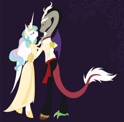 Size: 4073x3996 | Tagged: safe, artist:copperirisart, discord, princess celestia, anthro, unguligrade anthro, clothes, dancing, dislestia, female, male, shipping, straight