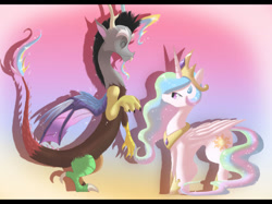 Size: 794x595 | Tagged: safe, artist:blazemizu, discord, princess celestia, alicorn, draconequus, pony, female, horn, male, mare, rainbow power