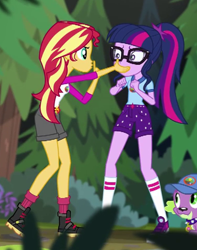 Size: 378x480 | Tagged: safe, screencap, sci-twi, spike, spike the regular dog, sunset shimmer, twilight sparkle, dog, equestria girls, legend of everfree, converse, cropped, shoes, sneakers