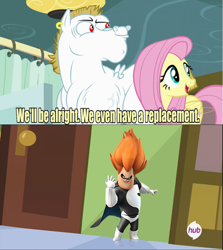 Size: 640x717 | Tagged: safe, bulk biceps, fluttershy, pegasus, pony, rainbow falls, blonde, blonde mane, blonde tail, blue eyes, curtain, disney infinity, ear piercing, exploitable meme, female, hub logo, looking to side, looking to the right, male, mare, meme, open mouth, piercing, pink mane, pink tail, red eyes, replacement meme, smiling, spread wings, stallion, syndrome, text, the incredibles, white coat, wings, yellow coat