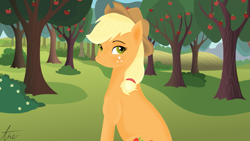 Size: 1191x670 | Tagged: safe, artist:dotrim, applejack, earth pony, pony, apple, orchard, sitting, solo, tree