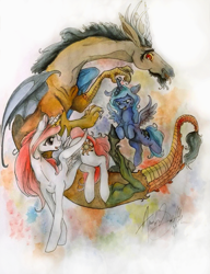 Size: 715x929 | Tagged: safe, artist:queenanneka, discord, princess celestia, princess luna, alicorn, pony, s1 luna, traditional art