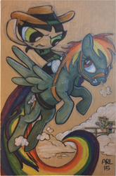 Size: 1024x1552 | Tagged: safe, artist:lytlethelemur, derpibooru import, applejack, rainbow dash, pegasus, pony, bubbles (powerpuff girls), buttercup (powerpuff girls), cloud, crossover, fence, humans riding ponies, riding, the powerpuff girls, traditional art