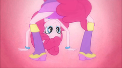 Size: 1440x808 | Tagged: safe, screencap, pinkie pie, equestria girls, boots, bracelet, fall formal outfits, high heel boots, jewelry, looking between legs, ponytail, solo