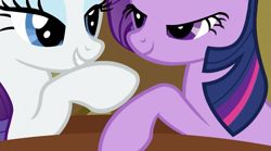 Size: 955x532 | Tagged: safe, derpibooru import, screencap, rarity, twilight sparkle, pony, unicorn, the crystal empire, lidded eyes