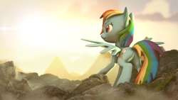 Size: 3840x2160 | Tagged: safe, derpibooru import, rainbow dash, pegasus, pony, 3d, female, fog, mare, rock, sfm pony, solo, source filmmaker, sunset