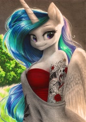 Size: 2739x3883 | Tagged: safe, artist:katputze, princess celestia, alicorn, anthro, backlighting, bare shoulders, beautiful, breasts, bust, cleavage, clothes, color porn, cute, cutelestia, dear princess celestia, dress, ear fluff, eyes, female, looking at you, mare, markers, multicolored iris, off shoulder, rainbow eyes, red dress, rose, skull, sleeve tattoo, smiling, solo, tattoo, three quarter view, traditional art