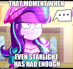 Size: 531x500 | Tagged: safe, artist:the-butch-x, derpibooru exclusive, edit, starlight glimmer, equestria girls, marks for effort, ..., beanie, caption, empathy cocoa, female, hat, i mean i see, image macro, meme, solo, starlight is not amused, unamused