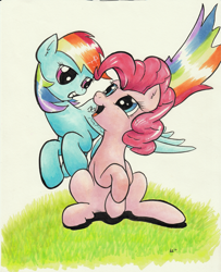 Size: 2389x2945 | Tagged: safe, artist:kittyhawk-contrail, derpibooru import, pinkie pie, rainbow dash, earth pony, pegasus, pony, blue coat, duo, duo female, female, mare, multicolored mane, pink coat, pink mane, wings