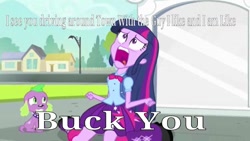 Size: 795x449 | Tagged: safe, derpibooru import, edit, edited screencap, screencap, spike, twilight sparkle, dog, equestria girls, equestria girls (movie), cee-lo, duo, exploitable meme, fuck you, meme, song, song parody, spike the dog, twiscream