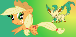 Size: 1024x498 | Tagged: safe, artist:princessofdestiny114, applejack, earth pony, pony, crossover, leafeon, pokémon