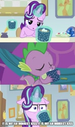 Size: 500x843 | Tagged: safe, edit, edited screencap, screencap, spike, starlight glimmer, dragon, pony, unicorn, a hearth's warming tail, marks for effort, comic, empathy cocoa, grammar error, implied sparlight, screencap comic