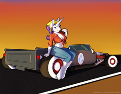 Size: 1657x1280 | Tagged: safe, artist:hobbsmeerkat, rarity, anthro, unguligrade anthro, bandana, belly button, car, front knot midriff, hot rod, implied rarijack, midriff, pinup, rockabilly, sitting