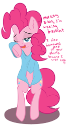 Size: 899x1660 | Tagged: safe, artist:mostazathy, pinkie pie, oc, oc:anon, earth pony, pony, bipedal, bottomless, clothes, covering, cute, dialogue, diapinkes, heart, morning ponies, shirt, shirt pull, solo, tired