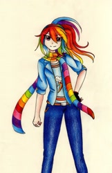 Size: 1328x2048 | Tagged: safe, artist:chan-sama, derpibooru import, rainbow dash, human, clothes, fingerless gloves, gloves, hand on hip, humanized, looking at you, ponytail, scarf, solo, traditional art