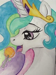 Size: 1936x2592 | Tagged: safe, artist:kp-shadowsquirrel, artist:moonfiredragon, princess celestia, alicorn, pony, licking, lollipop, magic, solo, telekinesis, traditional art, watercolor painting