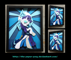 Size: 1325x1132 | Tagged: safe, artist:the-paper-pony, rarity, pony, unicorn, clothes, craft, dress, eyes closed, rearing, shadowbox, solo