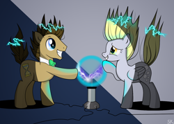 Size: 1262x902 | Tagged: safe, artist:dsana, derpy hooves, doctor whooves, pony, slice of life (episode), grin, male, plasma ball, smiling, squee, stallion, static electricity