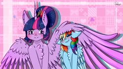 Size: 2560x1440 | Tagged: safe, artist:oblakotv, derpibooru import, rainbow dash, twilight sparkle, twilight sparkle (alicorn), alicorn, pegasus, pony, cute, dashabetes, female, heart, hug, lesbian, shipping, twiabetes, twidash, winghug