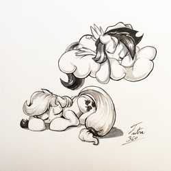 Size: 1280x1280 | Tagged: safe, artist:tsitra360, derpibooru import, applejack, rainbow dash, earth pony, pegasus, pony, accessory swap, cute, dashabetes, jackabetes, monochrome, sleeping, traditional art