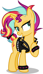 Size: 4000x6803 | Tagged: safe, artist:orin331, sunset shimmer, pony, unicorn, absurd resolution, alternate hairstyle, bracelet, clothes, female, jacket, jewelry, leather jacket, mare, multicolored hair, punk, raised hoof, simple background, solo, spiked wristband, spikes, sunset shimmer day, transparent background, wristband