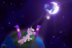 Size: 2060x1372 | Tagged: safe, artist:lunarcakez, princess celestia, princess luna, alicorn, pony, banner, cewestia, cute, filly, flag, moon, planet, stars, tangible heavenly object, telephone, tin can, woona