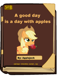 Size: 615x799 | Tagged: safe, applejack, earth pony, pony, apple, appul, book, book cover meme, drool, exploitable meme, solo, that pony sure does love apples