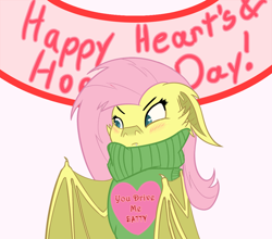 Size: 1000x881 | Tagged: safe, artist:krucification, fluttershy, bat pony, pony, ask, clothes, flutterbat, hearts and hooves day, solo, sweater, sweatershy, tumblr, valentine's day