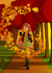 Size: 1600x2246 | Tagged: safe, artist:papyjr13, sunset shimmer, equestria girls, autumn, autumn leaves, boots, equinox, fall equinox, female, high heel boots, leaves, shoes, smiling, solo, sunset shimmer day, tree