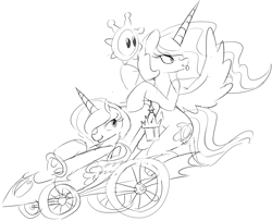 Size: 1868x1514 | Tagged: source needed, safe, artist:zev, princess celestia, princess luna, alicorn, pony, chariot, crossover, grayscale, mario kart, mario kart double dash, monochrome, shine sprite, super mario bros., super mario sunshine, tongue out