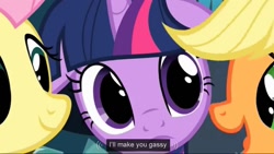 Size: 1023x576 | Tagged: safe, edit, edited screencap, screencap, applejack, clover the clever, fluttershy, private pansy, smart cookie, twilight sparkle, earth pony, pegasus, pony, hearth's warming eve (episode), eyes, gas, hearth's warming eve, implied farting, youtube caption