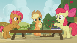 Size: 1280x720 | Tagged: safe, screencap, apple bloom, applejack, babs seed, earth pony, pony, apple family reunion, animation error, carpentry, tree