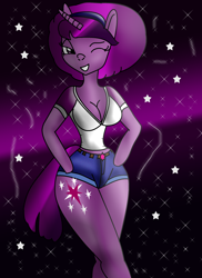 Size: 1700x2338 | Tagged: safe, artist:odiz, derpibooru import, twilight sparkle, anthro, 70s, afro, breasts, cleavage, female, skinny