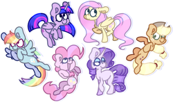 Size: 1502x884 | Tagged: safe, artist:olivecow, derpibooru import, applejack, fluttershy, pinkie pie, rainbow dash, rarity, twilight sparkle, twilight sparkle (alicorn), alicorn, earth pony, pegasus, pony, unicorn, cutie mark, female, mane six, mare, simple background, smiling, white background