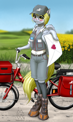 Size: 3000x5000 | Tagged: safe, artist:mykegreywolf, derpy hooves, anthro, unguligrade anthro, bicycle, clothes, dirt road, hoof boots, letter, looking at you, mailmare, solo, sunflower, uniform