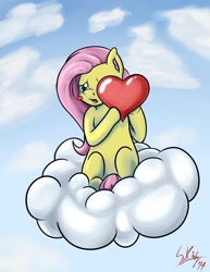 Size: 744x963 | Tagged: safe, artist:swordkirby, fluttershy, pegasus, pony, cloud, cloudy, cute, heart, shyabetes, solo, valentine's day