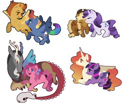 Size: 907x773 | Tagged: safe, artist:queerly, derpibooru import, applejack, discord, pinkie pie, princess celestia, rainbow dash, rarity, spitfire, twilight sparkle, twilight sparkle (alicorn), alicorn, draconequus, earth pony, pegasus, pony, unicorn, bow, chibi, cloven hooves, cuddling, cute, cutefire, cutelestia, dashabetes, diapinkes, discopie, discute, female, flying, hair bow, jackabetes, lesbian, looking at each other, male, mare, nuzzling, raribetes, rarijack, redesign, shipping, simple background, spitdash, straight, transparent background, twiabetes, twilestia