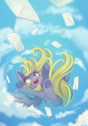 Size: 874x1240 | Tagged: safe, artist:huaineko, derpy hooves, pegasus, pony, cloud, cloudy, cute, derpabetes, falling, female, letter, mail, mare, pixiv, solo, underhoof