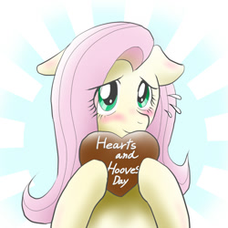 Size: 800x799 | Tagged: safe, artist:orca, fluttershy, pegasus, pony, blushing, chocolate, heart, hearts and hooves day, pixiv, solo