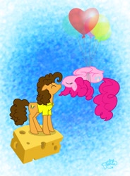 Size: 767x1042 | Tagged: safe, artist:dalilastar, cheese sandwich, pinkie pie, earth pony, pony, balloon, cheese, cheesepie, eyes closed, female, male, shipping, straight, then watch her balloons lift her up to the sky, upside down