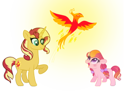 Size: 1000x750 | Tagged: safe, artist:carouselunique, philomena, sunset shimmer, oc, oc:honeycrisp blossom, earth pony, phoenix, pony, unicorn, bonding, cute, female, fiery shimmer, filly, freckles, glow, mare, ocbetes, parent:big macintosh, parent:princess cadance, parents:cadmac, shimmerbetes, simple background, sunset shimmer day, transparent background