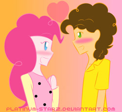 Size: 932x857 | Tagged: safe, artist:platinum-starz, cheese sandwich, pinkie pie, human, blushing, cheesepie, eye contact, female, heart, humanized, male, shipping, smiling, straight