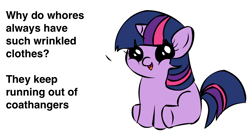 Size: 1194x668 | Tagged: safe, derpibooru import, twilight sparkle, pony, unicorn, abortion, dialogue, exploitable meme, female, filly, filly twilight telling an offensive joke, horn, looking at you, meme, multicolored mane, multicolored tail, purple coat, simple background, sitting, smiling, solo, talking to viewer, underhoof, white background