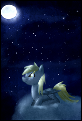 Size: 672x997 | Tagged: safe, artist:miniyuna, derpy hooves, pegasus, pony, female, mare, moon, night, solo, stars